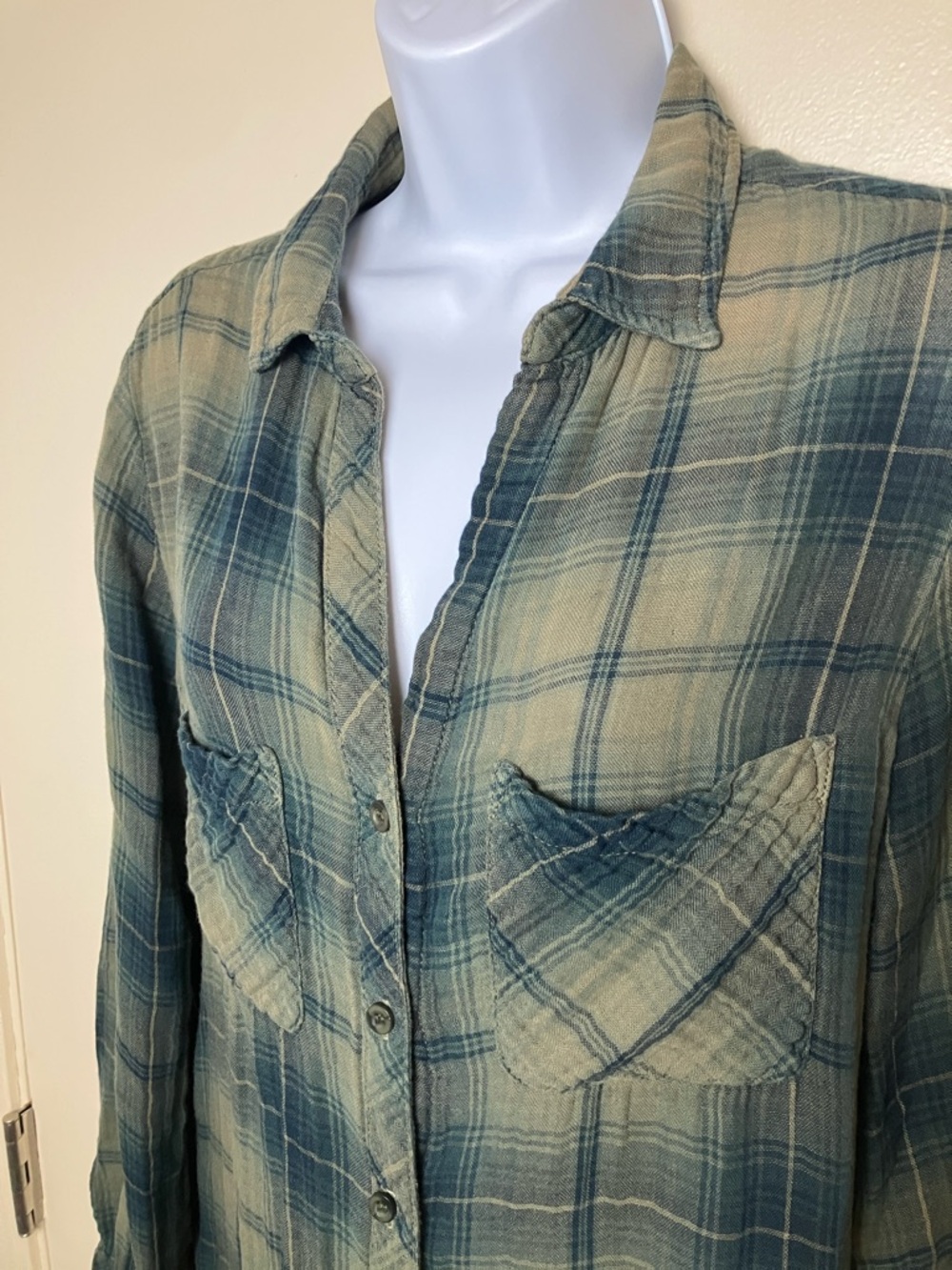 Side Stitch LA Olive Green Plaid Button-Front Cotton Tunic Shirt Dress Size M - Picture 2 of 6